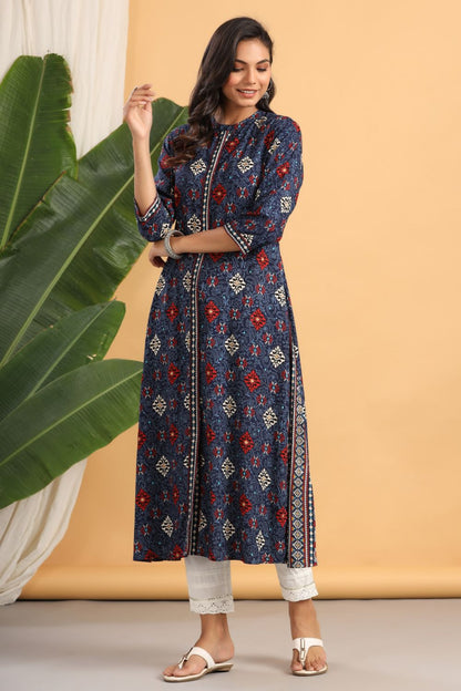 Juniper Womens Indigo Rayon Printed A-Line Kurta