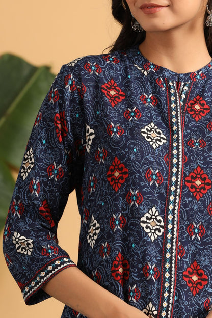 Juniper Womens Indigo Rayon Printed A-Line Kurta