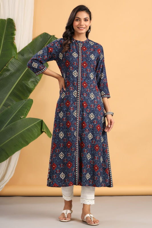 Juniper Womens Indigo Rayon Printed A-Line Kurta