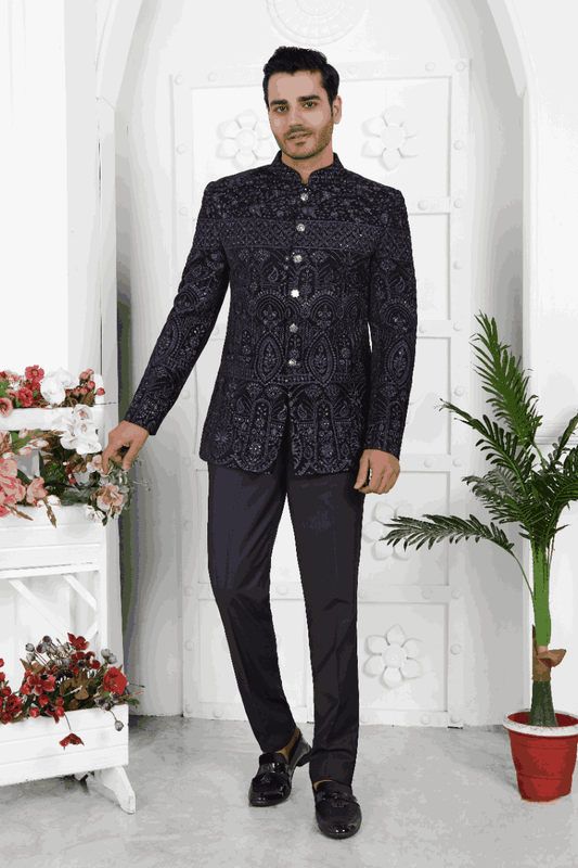 Raivat Ethnic Velvet Thread Work Jodhpuri In Blue Colour