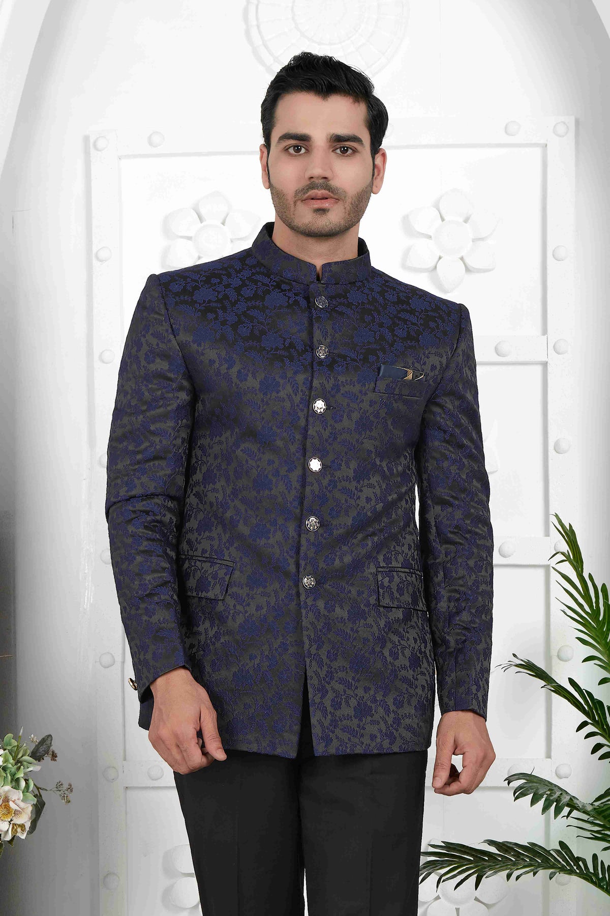 Raivat Ethnic Jacquard Silk Thread Work Jodhpuri In Navy Blue Colour