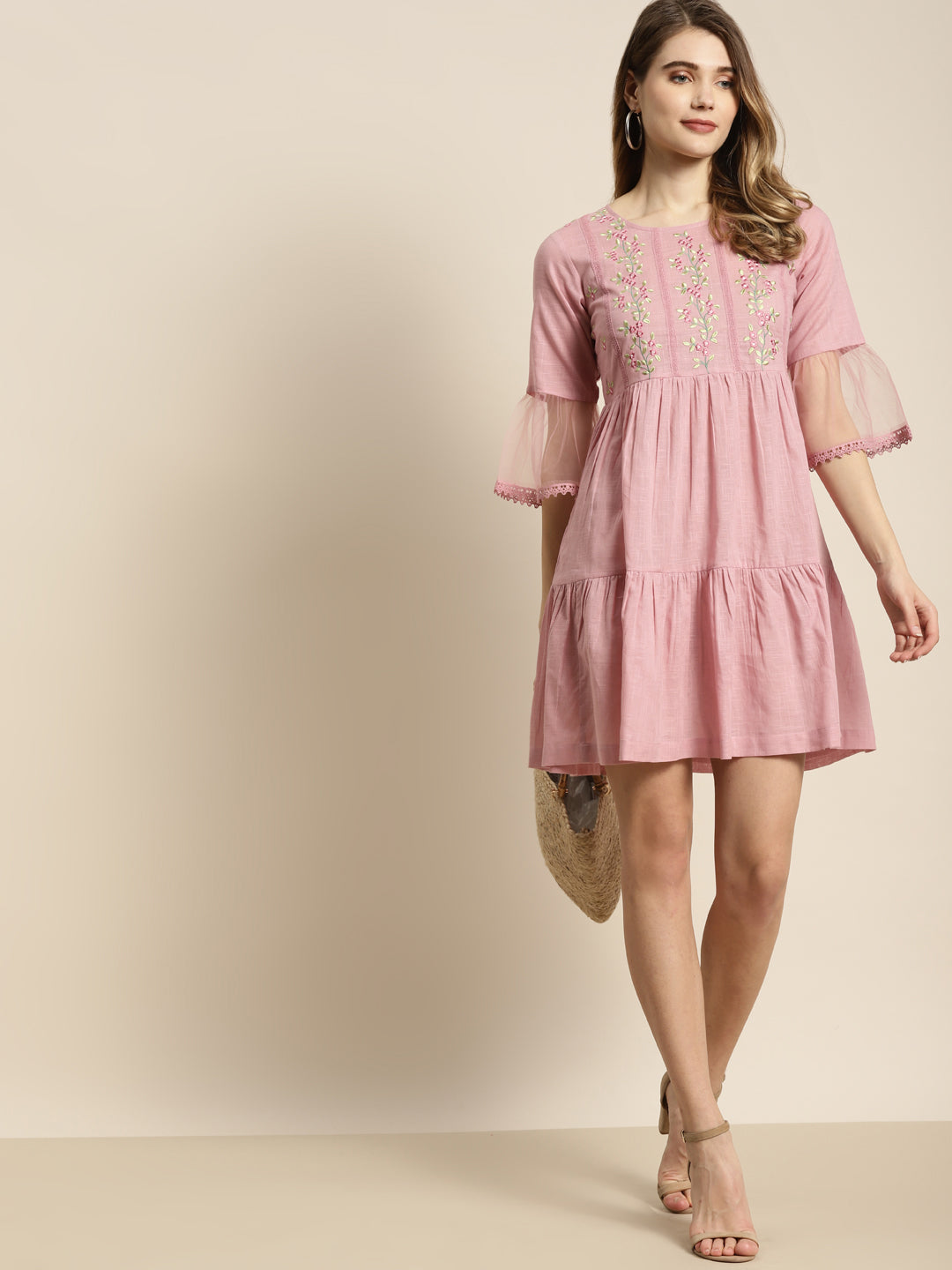 Juniper Womens Blushpink Cotton Slub Solid Embroidered Short Dress