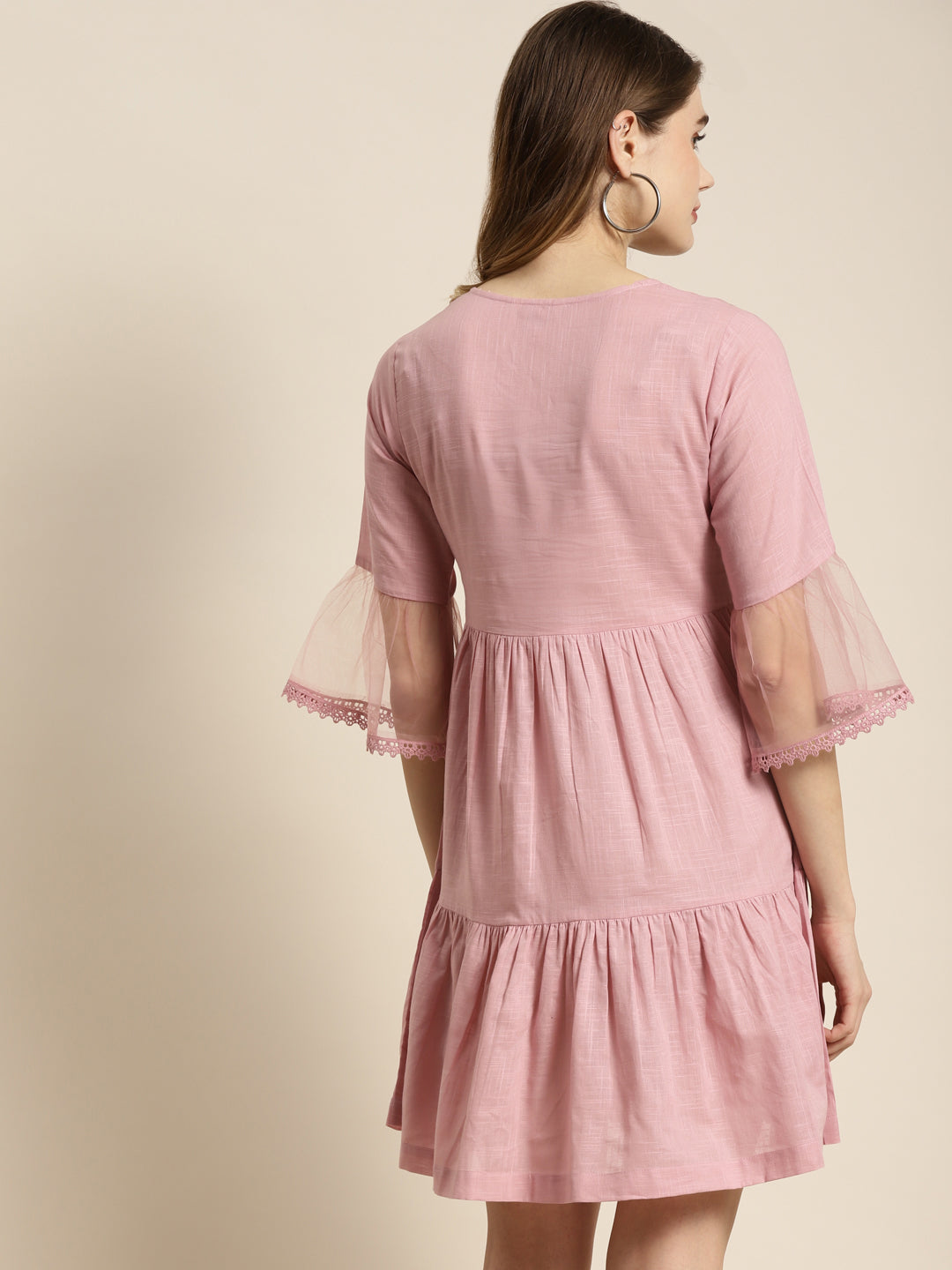 Juniper Womens Blushpink Cotton Slub Solid Embroidered Short Dress