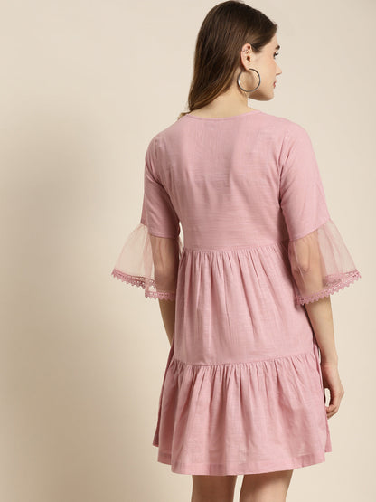 Juniper Womens Blushpink Cotton Slub Solid Embroidered Short Dress
