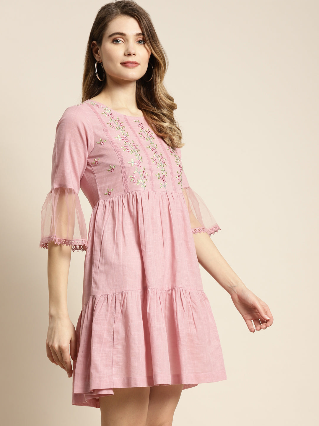 Juniper Womens Blushpink Cotton Slub Solid Embroidered Short Dress