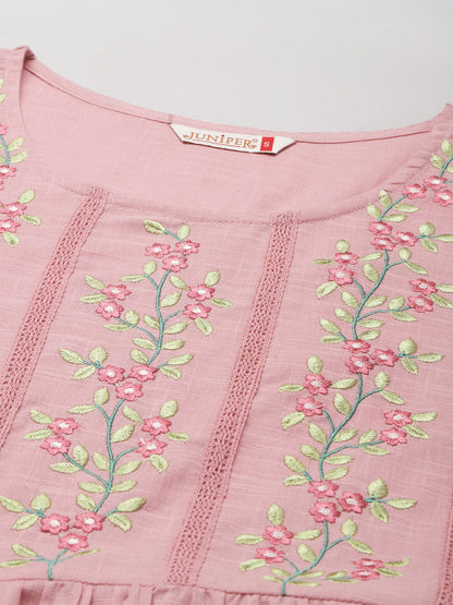 Juniper Womens Blushpink Cotton Slub Solid Embroidered Short Dress