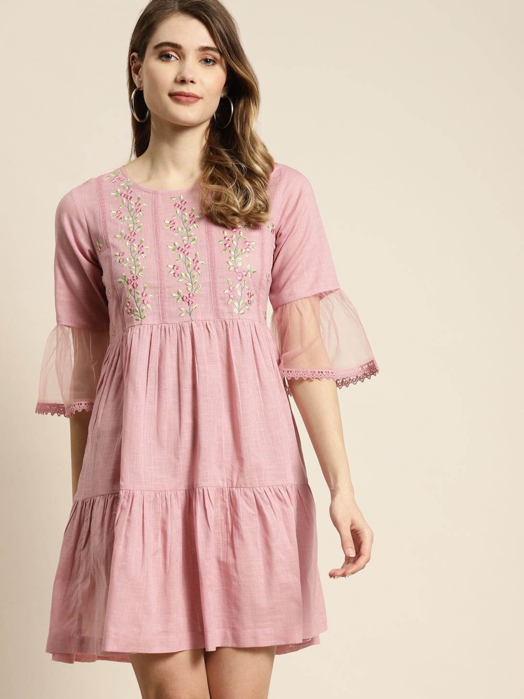 Juniper Womens Blushpink Cotton Slub Solid Embroidered Short Dress