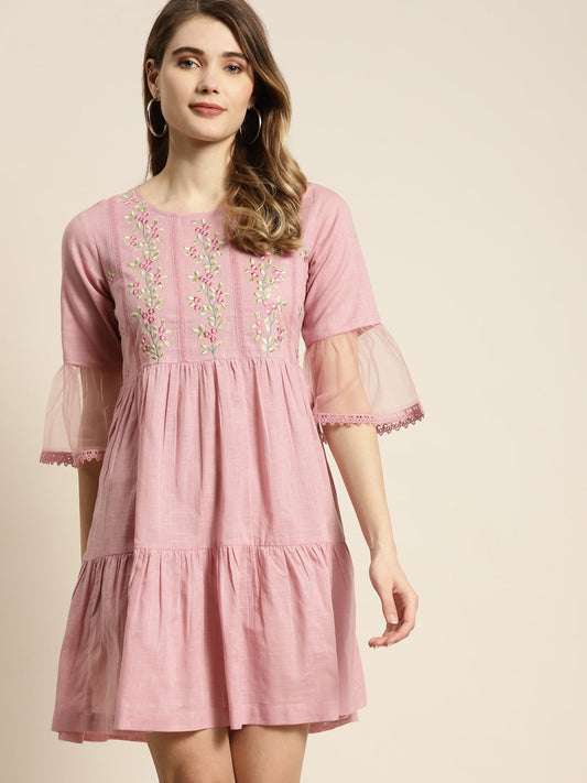 Juniper Womens Blushpink Cotton Slub Solid Embroidered Short Dress
