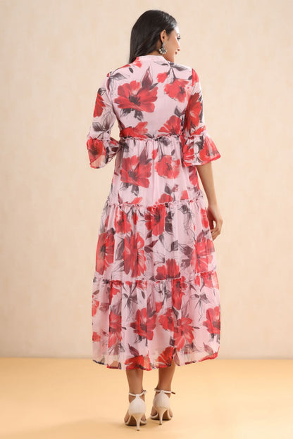 Juniper Womens Pink Chiffon Floral Printed Tiered Dress