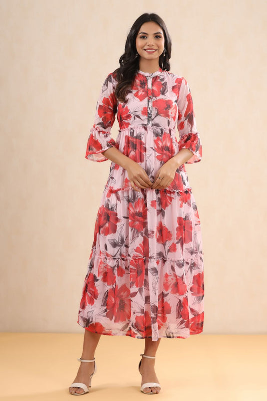 Juniper Womens Pink Chiffon Floral Printed Tiered Dress