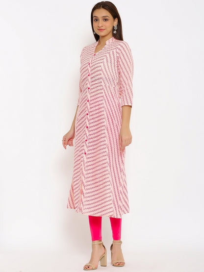 HERE&NOW Pink Mandarin Collar Striped A-Line Kurta