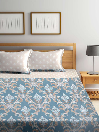 Arrabi Beige & Blue Floral 300 TC Super King Bedsheet With 2 Pillow Covers