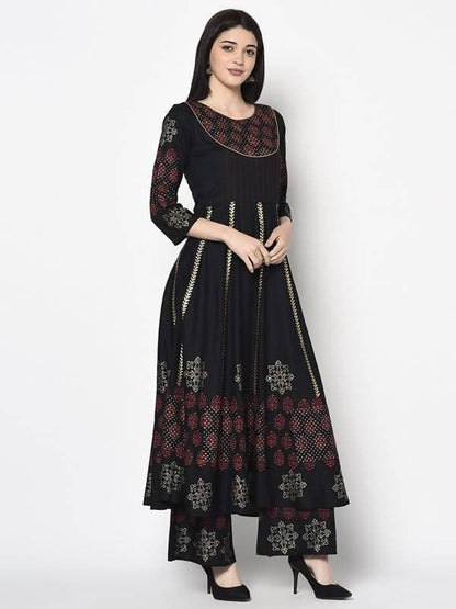 Aniyah Rayon Black Color Block Print Anarkali Kurta (AN-187K)