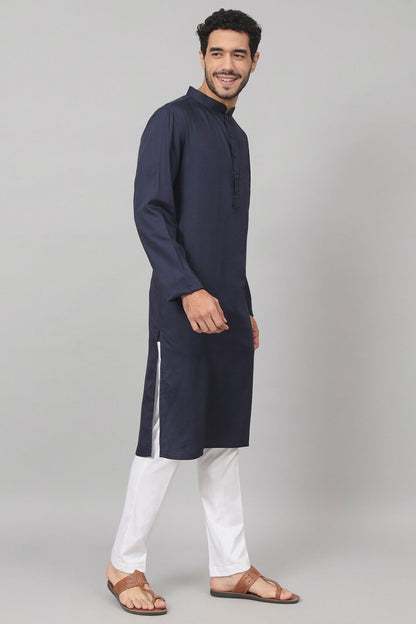 Giza Cotton Navy Blue Plain Kurta by Hilo Design
