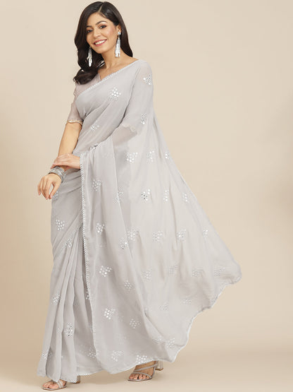 Tikhi Imli Grey Embroidered Mirror-Work Saree