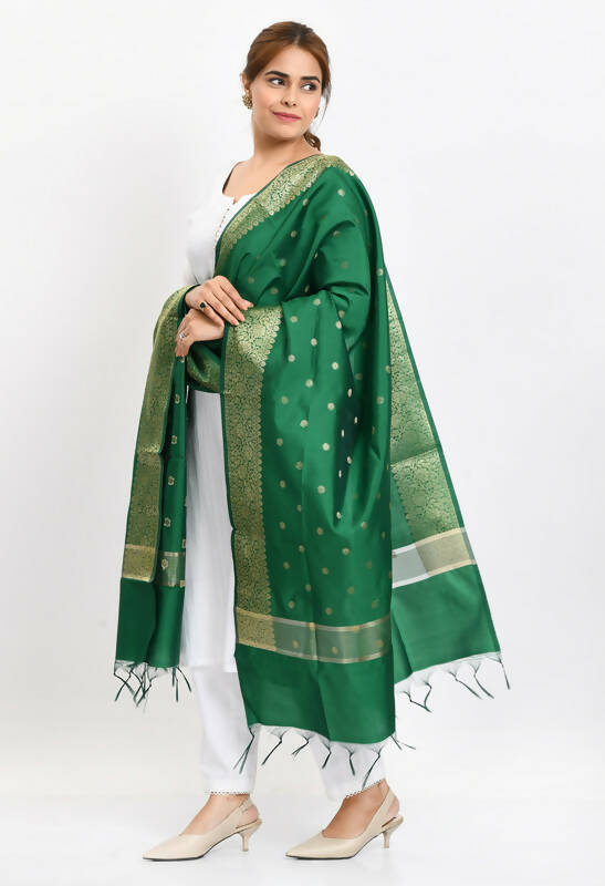 Mominos Fashion Moeza Women's Banarsi Silk Woven Design Green Dupatta