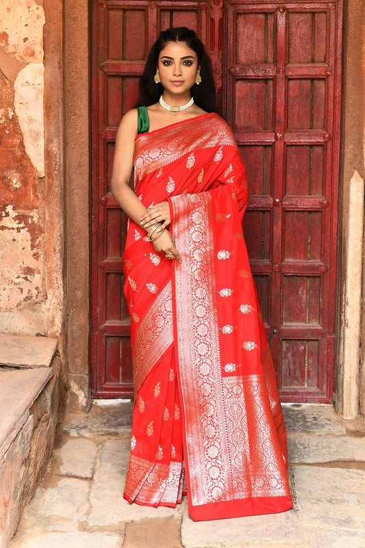 Joban Fashion Red Handwoven & Zari Work Soft Pure Handloom Banarasi Silk Saree