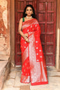 Joban Fashion Red Handwoven & Zari Work Soft Pure Handloom Banarasi Silk Saree