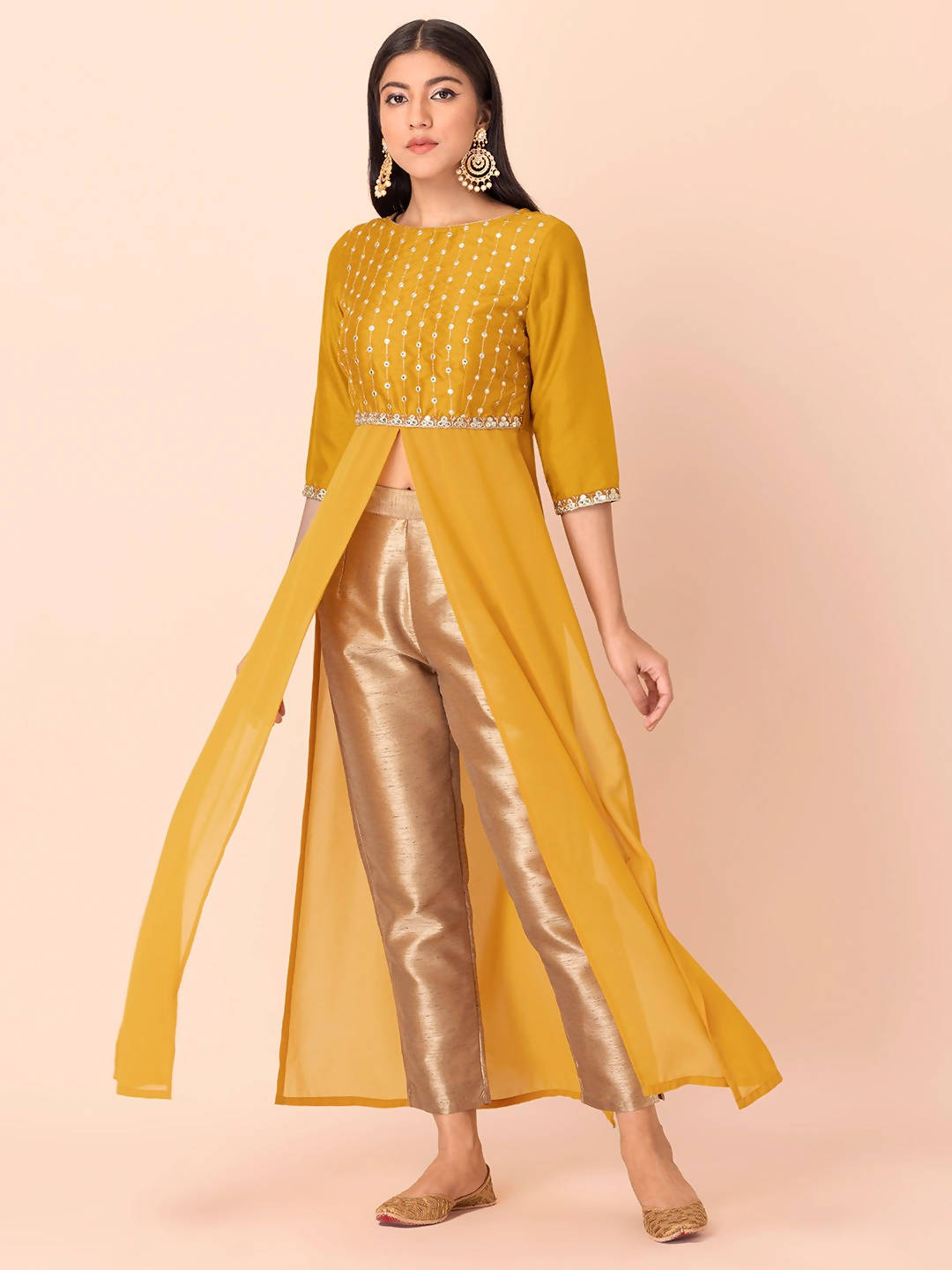 Indya Mustard Yellow Yoke Design Gotta Patti High Slit Kurta