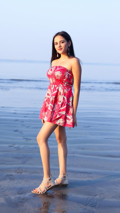 Noroke Linen Red Floral Mini Tiered Dress - Printed