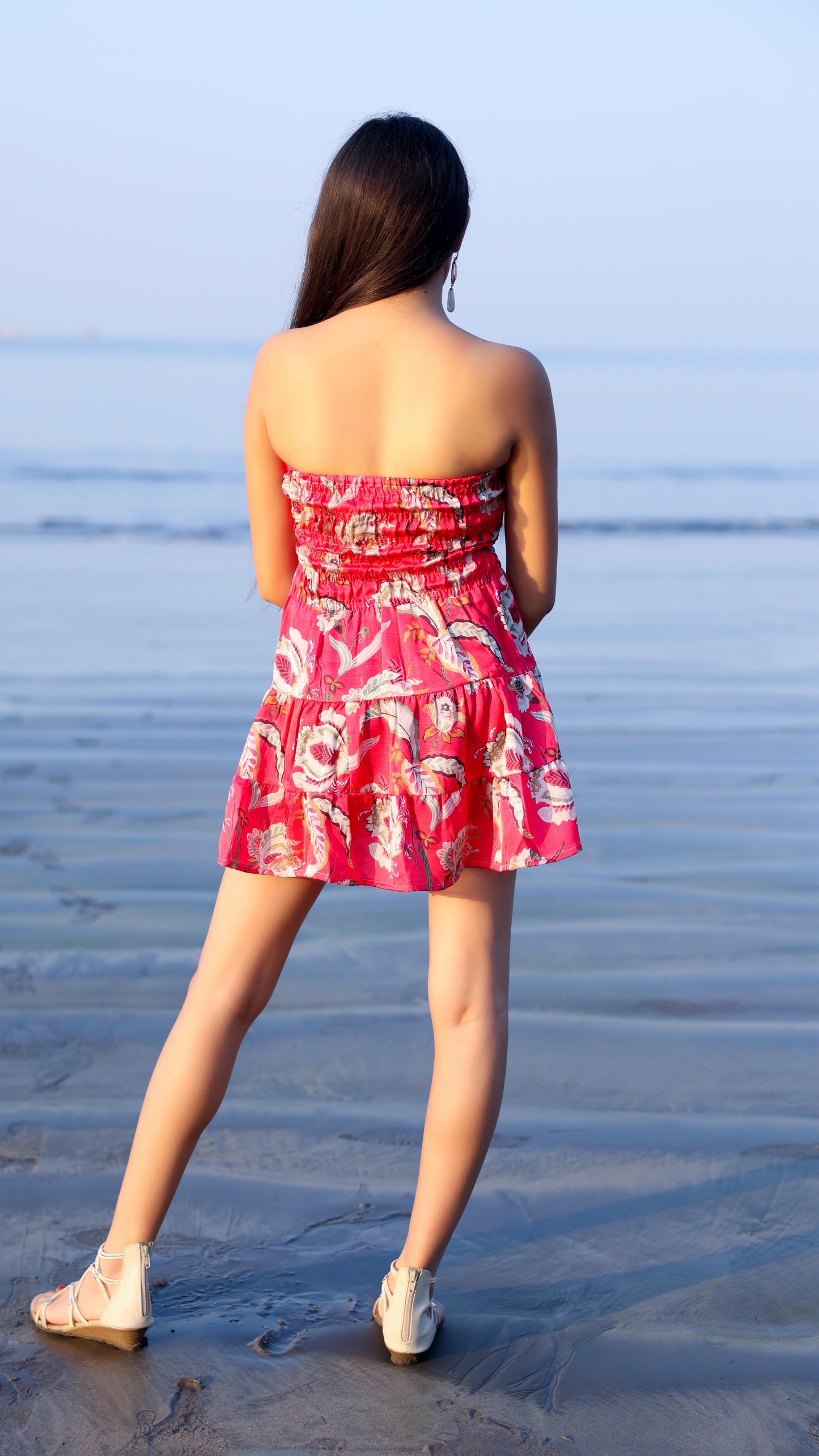 Noroke Linen Red Floral Mini Tiered Dress - Printed
