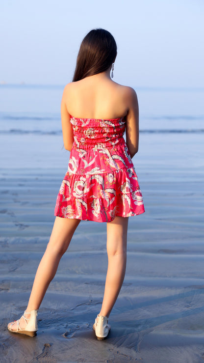 Noroke Linen Red Floral Mini Tiered Dress - Printed