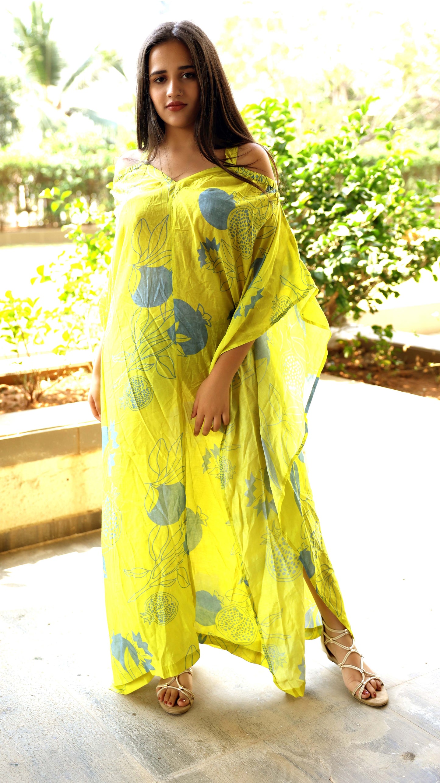 Noroke Pure Muslin Printed Off Shoulder Long Kaftan