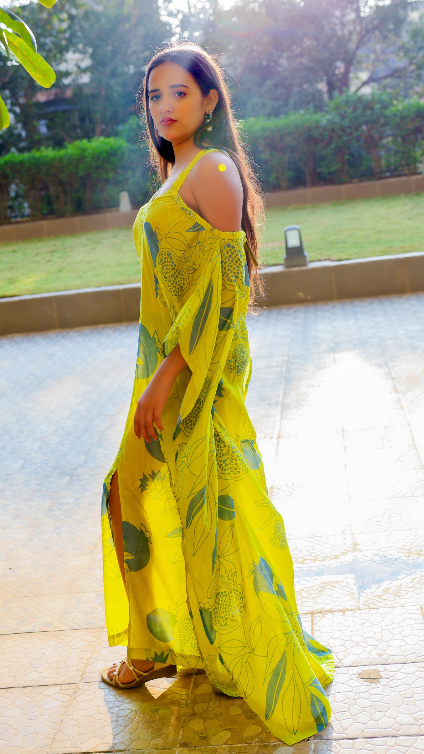 Noroke Pure Muslin Printed Off Shoulder Long Kaftan