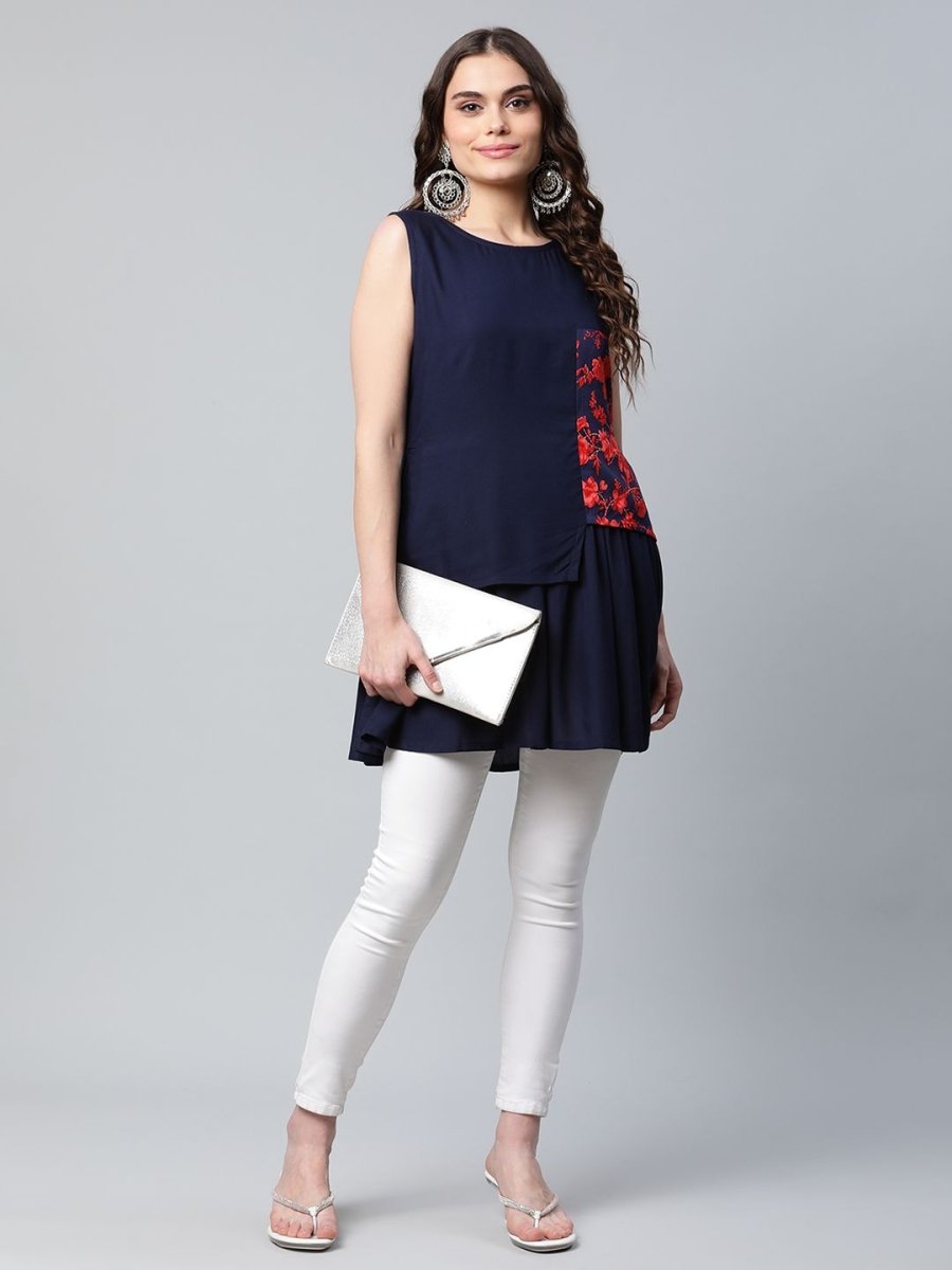 Ahalyaa Women Navy Blue Rayon Printed Tunic