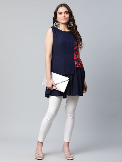 Ahalyaa Women Navy Blue Rayon Printed Tunic