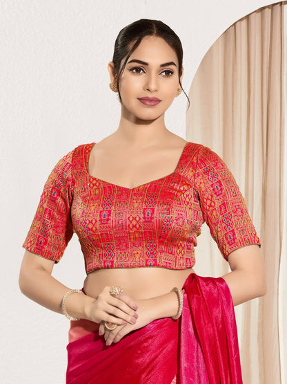 Joban Fashion Red Brocade Padded Blouse With Round Neck Elbow Sleeves