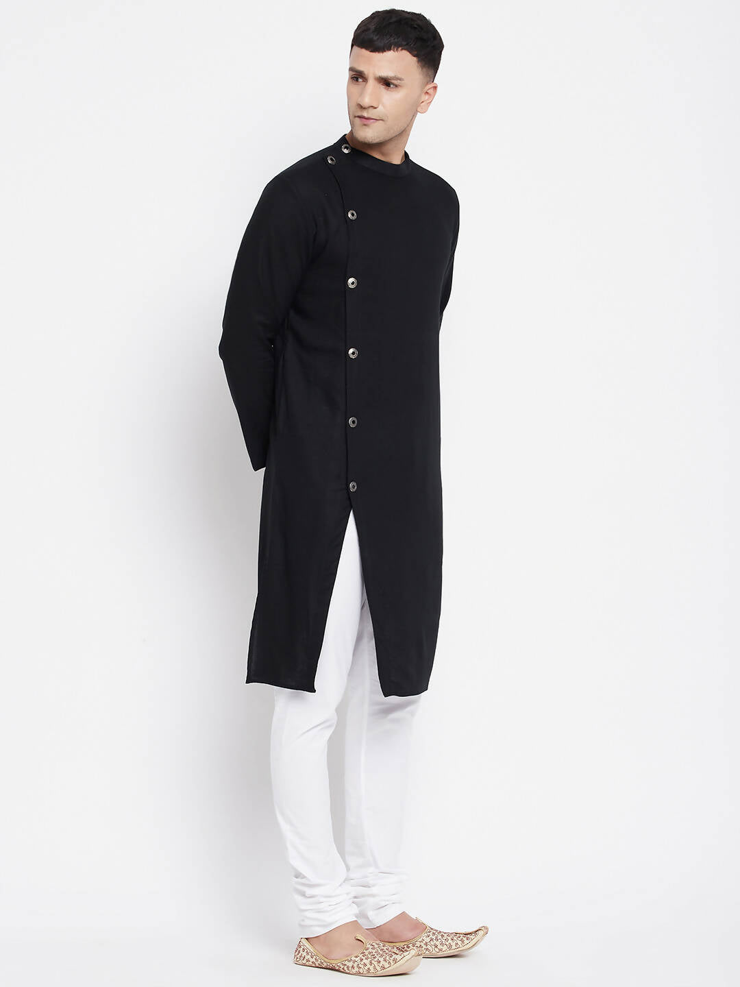 Even Apparels Black Pure Cotton Men's Sherwani Kurta With Asymetrical Cut