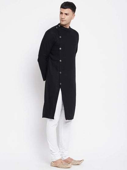 Even Apparels Black Pure Cotton Men's Sherwani Kurta With Asymetrical Cut