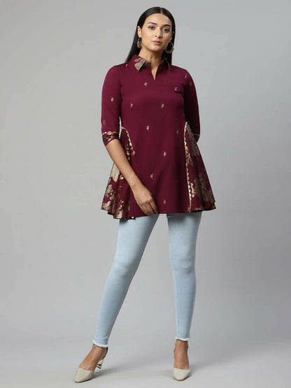 Ahalyaa Women Wine Crepe Printed Tunic