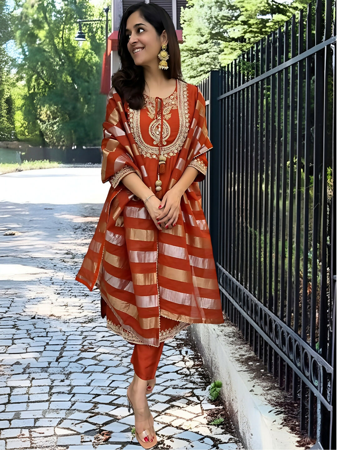The52 Orange Women's Gorgeous Embroidered work Chanderi Fabric Straight Kurta, Pant and Dupatta Set