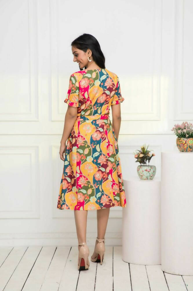 Myshka Women Multi - Abstract Rayon A-Line V-Neck Dress