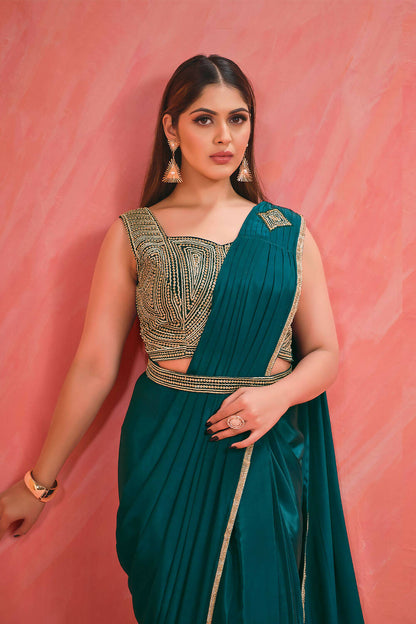 Light Teal Crepe Silk Georgette Jari, Sequence & Moti Work Saree With Stitched Blouse - Mohmanthan Elegancia