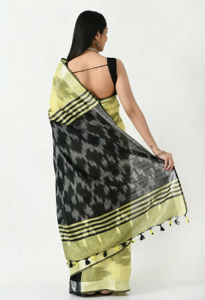 Mominos Fashion Moeza Lemon Yellow & Black Bhagalpuri Handloom Ikat Pure Cotton Saree with unstitched Blouse piece