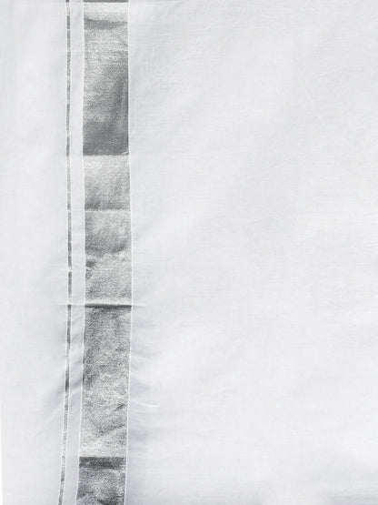 Ramraj Cotton Mens Pure Cotton 1 1 / 2 " Silver Jari Dhoti - White
