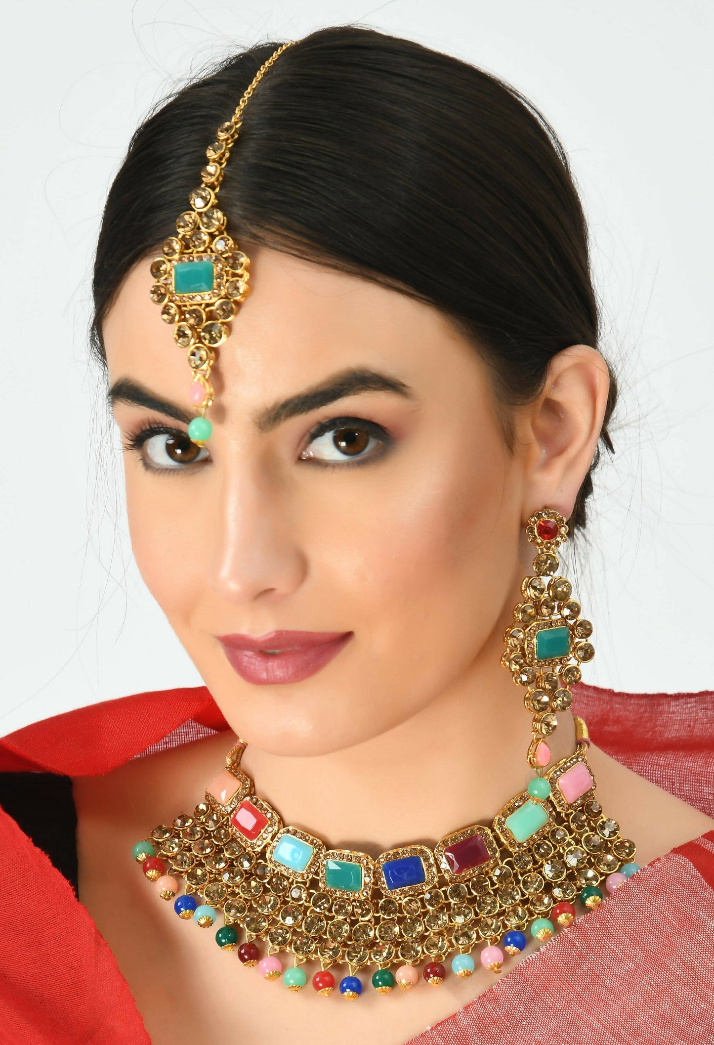 Mominos Fashion Johar Kamal Gold-Polished Rajwadi Design Heavy Multi Color Necklace Set For Women