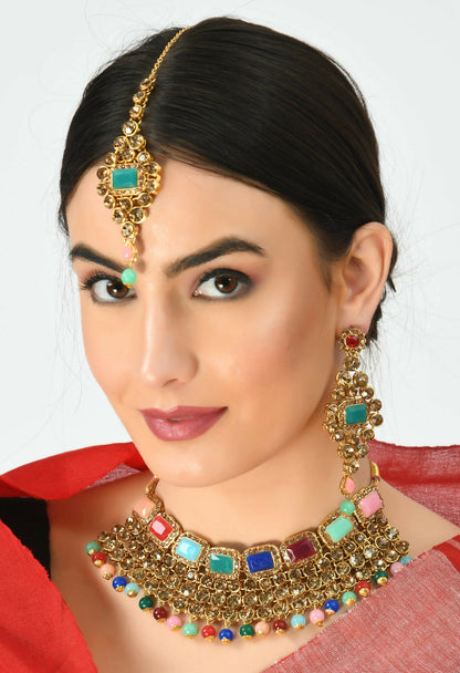 Mominos Fashion Johar Kamal Gold-Polished Rajwadi Design Heavy Multi Color Necklace Set For Women