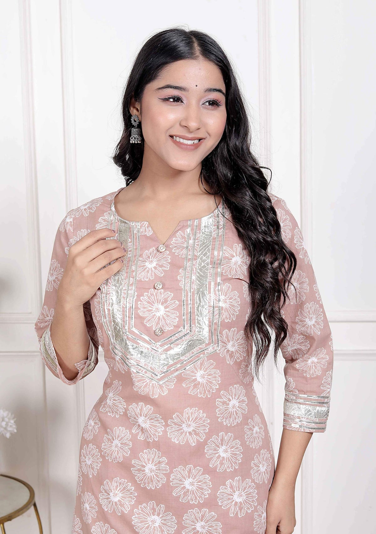 Miravan Women Brown Floral Printed Cotton Straight Ethnic Kurta with Palazzo and Dupatta