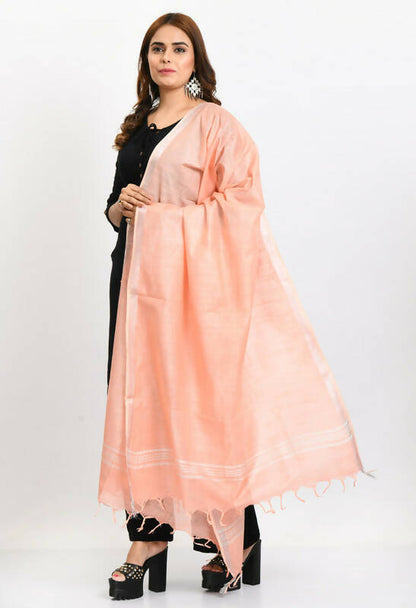 Mominos Fashion Moeza Women's Linen Cotton Silver Border Peach Dupatta