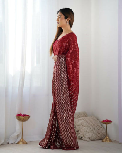 Red Georgette Designer Sequence Embroidery Work Saree - Sitare