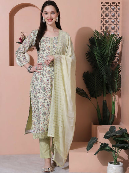 Jyoti Fashion Women's Green Cotton Floral Digital Printed Kurta with Trouser & Dupatta