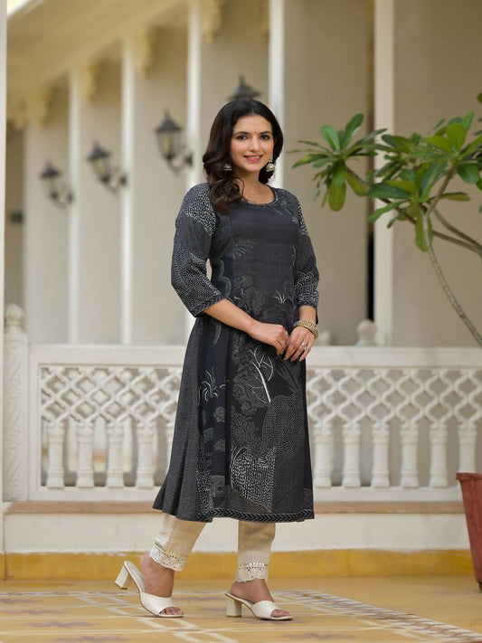 Juniper Women's Black Abstract Printed Kurta With Sequins