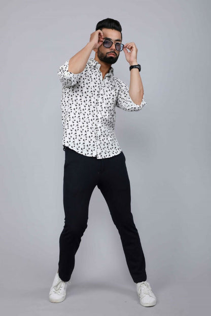 Miravan Men's White Spread Collar Bird Print Casual Shirt