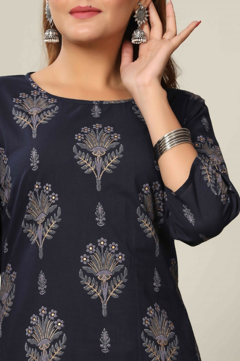 Miravan Women's Blue & Grey Printed Pure Cotton Kurta With Sharara