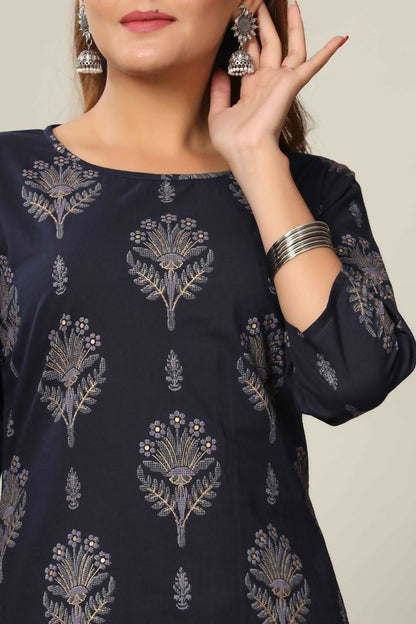Miravan Women's Blue & Grey Printed Pure Cotton Kurta With Sharara
