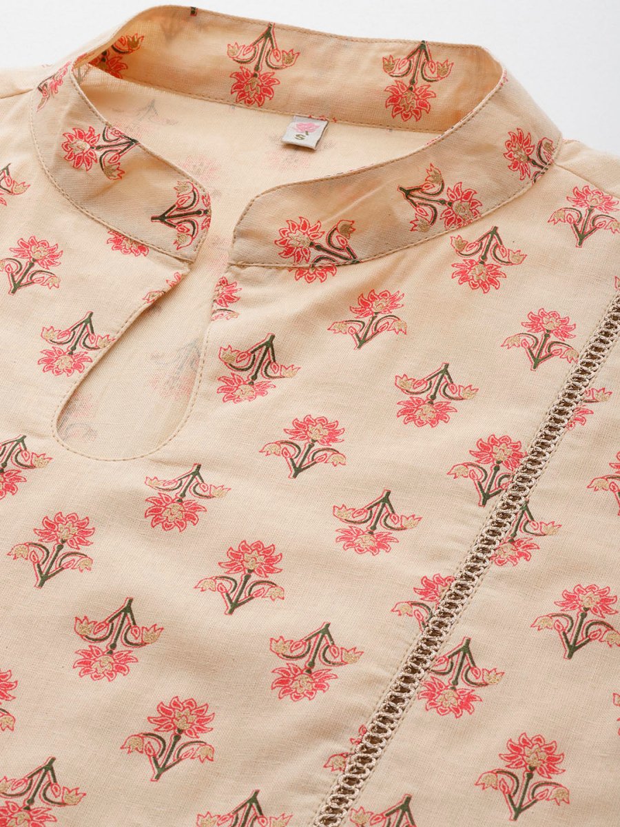 Ahalyaa Floral Print Mandarin Collar Tiered Midi Pure Cotton Ethnic Dress